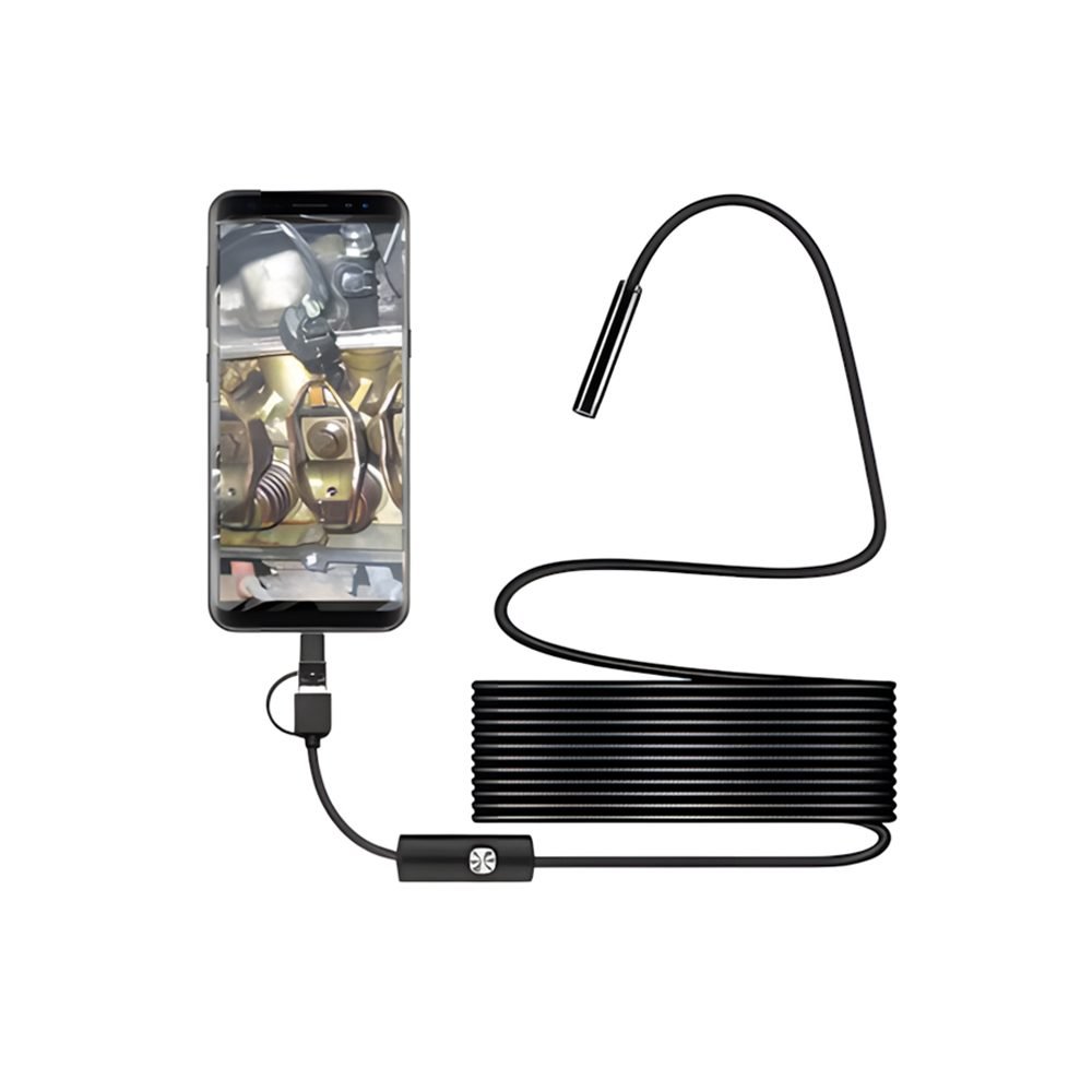 Lumen Probe endoscope camera connected to a phone showing an engine inspection